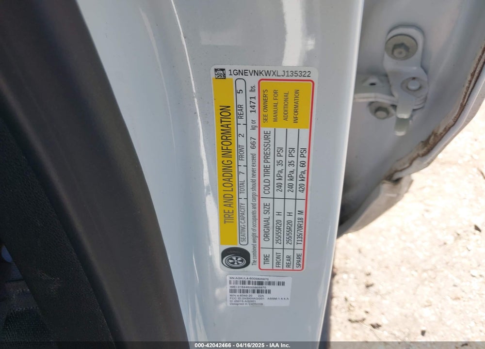 2020 CHEVROLET TRAVERSE VIN: 1GNEVNKWXLJ135322