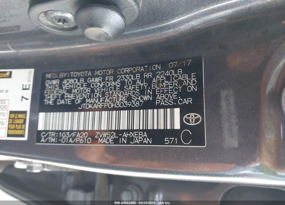 2017 TOYOTA PRIUS PRIME VIN: JTDKARFP0H3039387