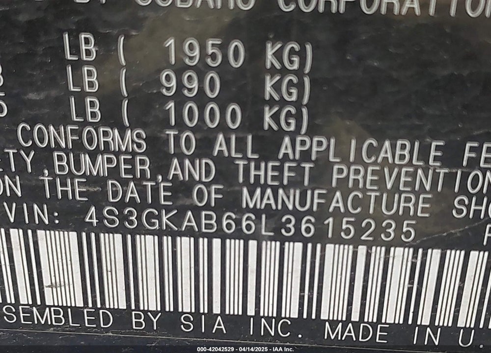 2020 SUBARU IMPREZA VIN: 4S3GKAB66L3615235