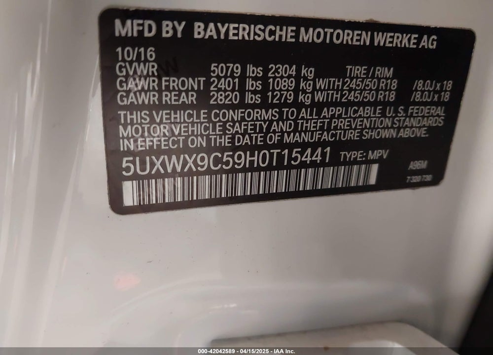 2017 BMW X3 XDRIVE28I VIN: 5UXWX9C59H0T15441