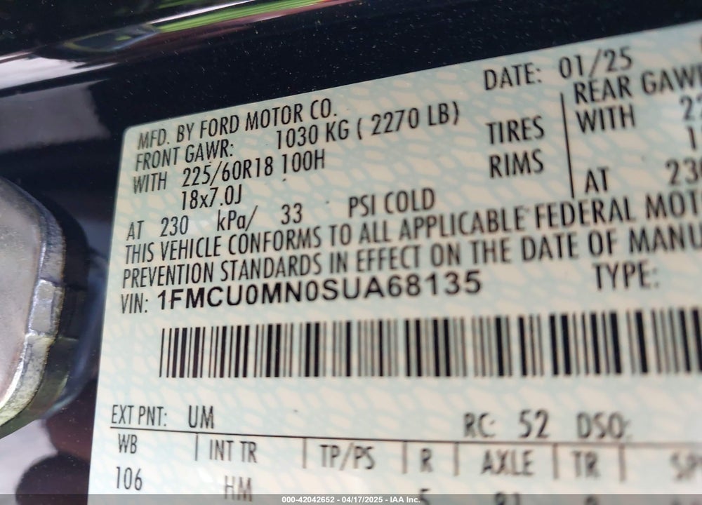 2025 FORD ESCAPE VIN: 1FMCU0MN0SUA68135