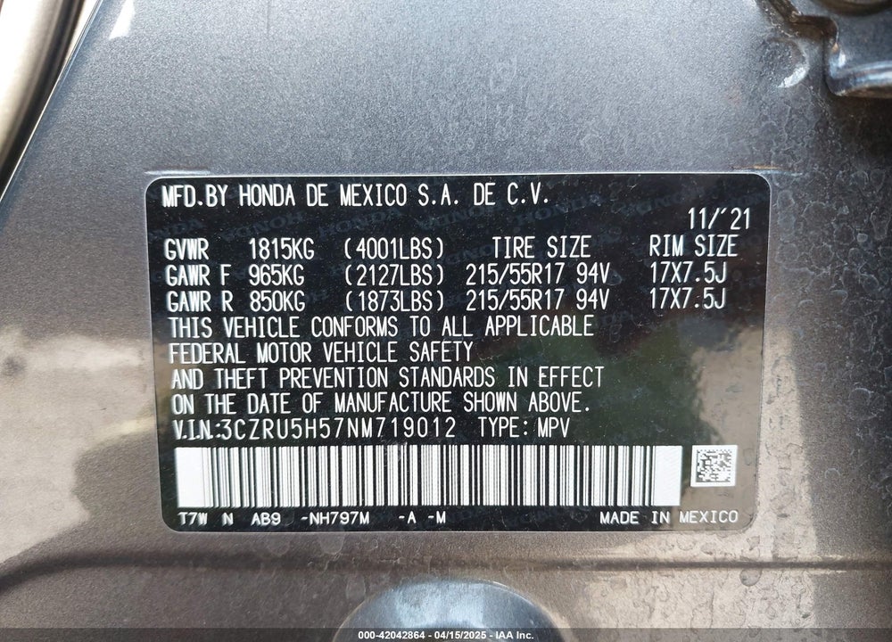 2022 HONDA HR-V 2WD EX VIN: 3CZRU5H57NM719012