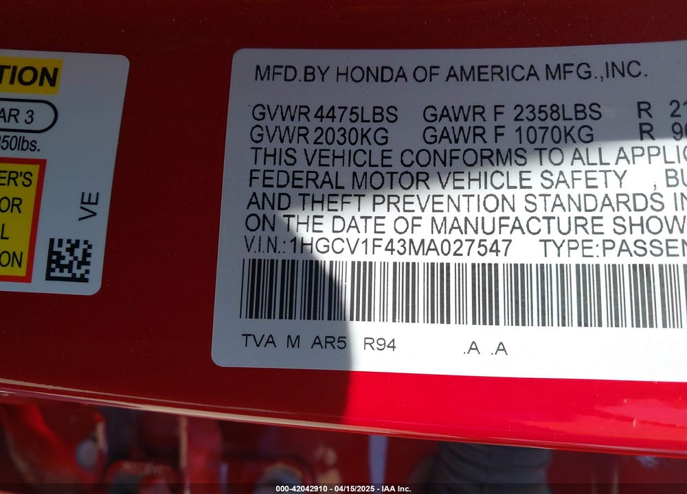 2021 HONDA ACCORD SPORT SPECIAL EDITION VIN: 1HGCV1F43MA027547