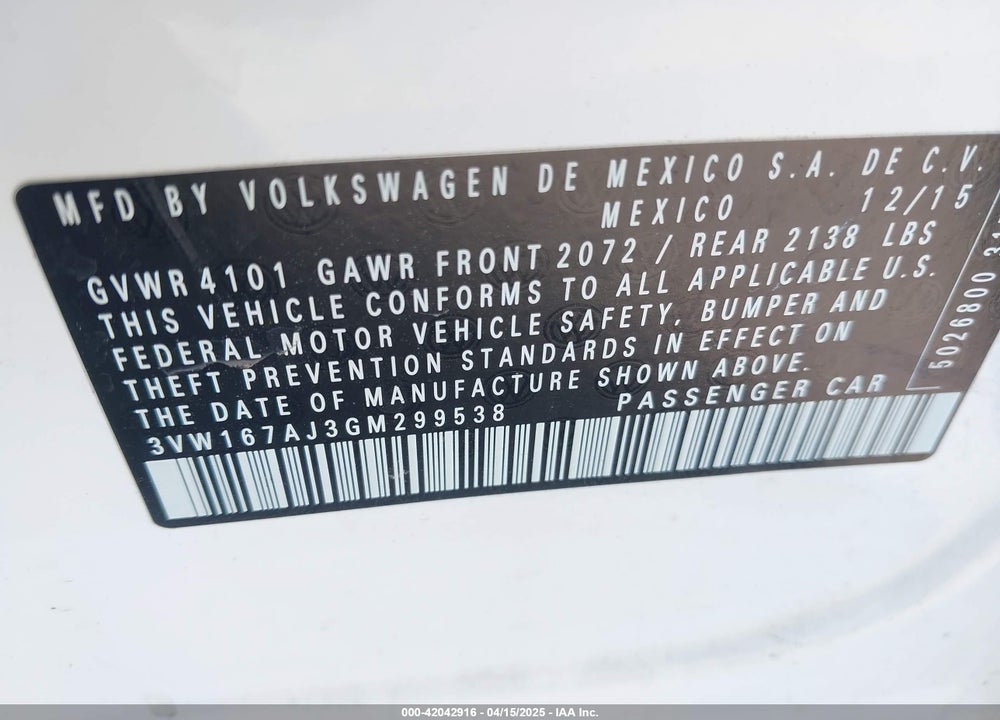 2016 VOLKSWAGEN JETTA 1.4T S VIN: 3VW167AJ3GM299538