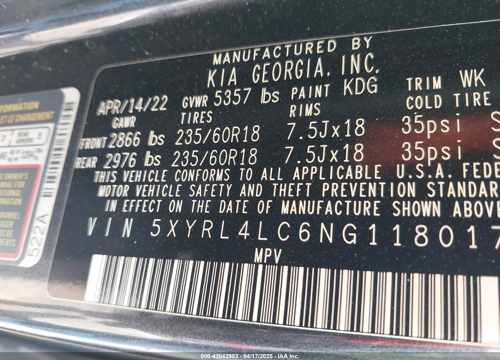 2022 KIA SORENTO VIN: 5XYRL4LC6NG118017