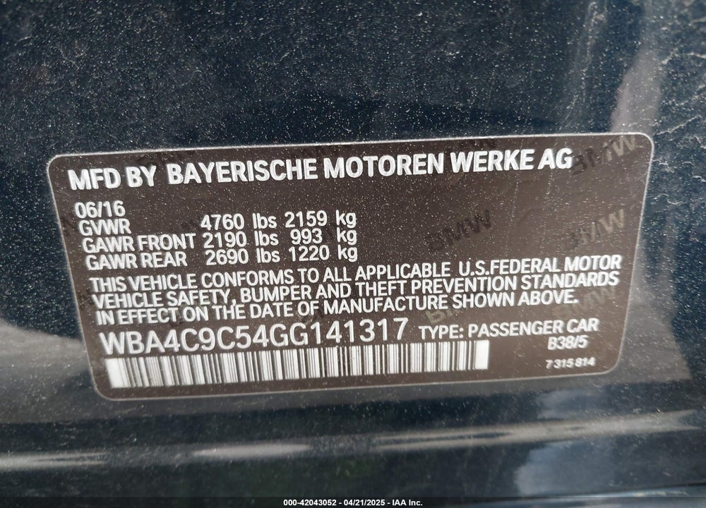 2016 BMW 428I GRAN COUPE XDRIVE VIN: WBA4C9C54GG141317