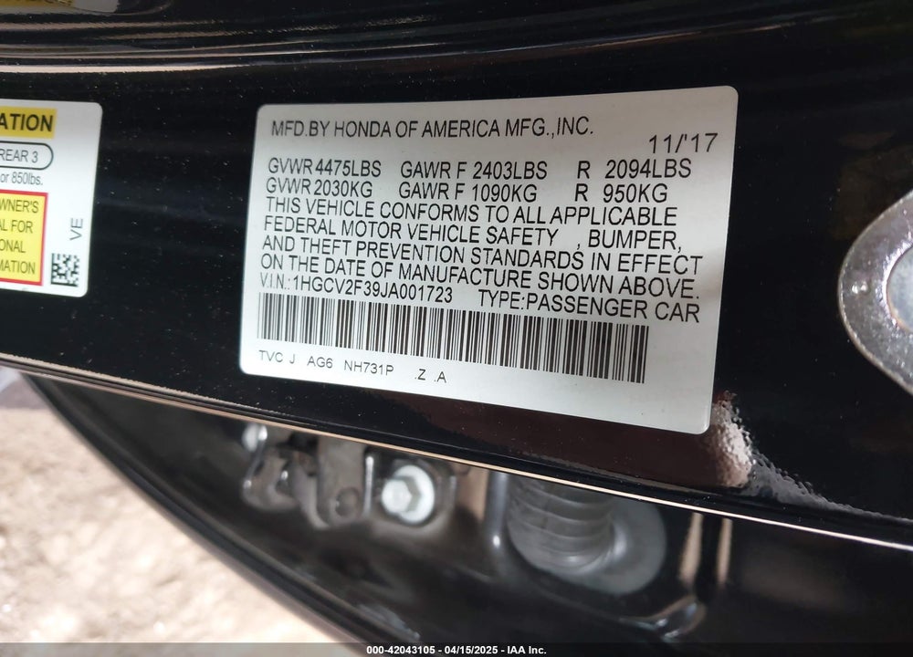 2018 HONDA ACCORD VIN: 1HGCV2F39JA001723