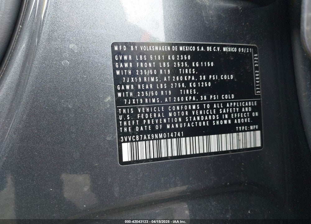 2022 VOLKSWAGEN TIGUAN VIN: 3VVCB7AX9NM014741