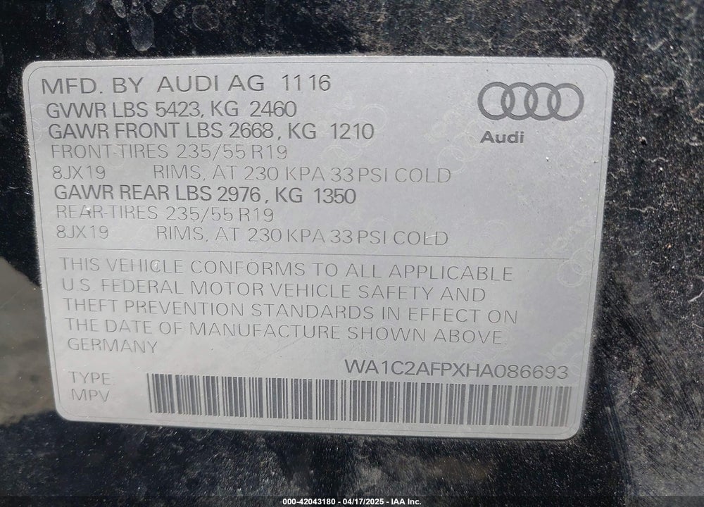 2017 AUDI Q5 2.0T PREMIUM VIN: WA1C2AFPXHA086693