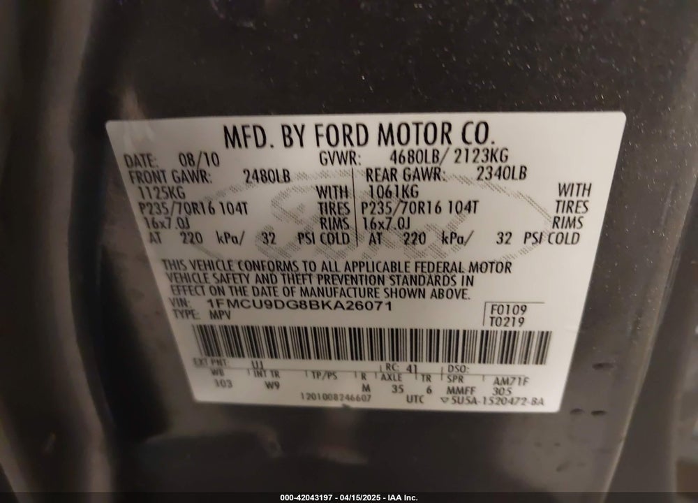 2011 FORD ESCAPE VIN: 1FMCU9DG8BKA26071