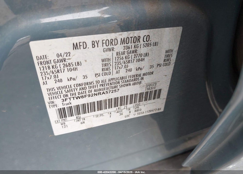 2022 FORD MAVERICK LARIAT VIN: 3FTTW8F92NRA57257