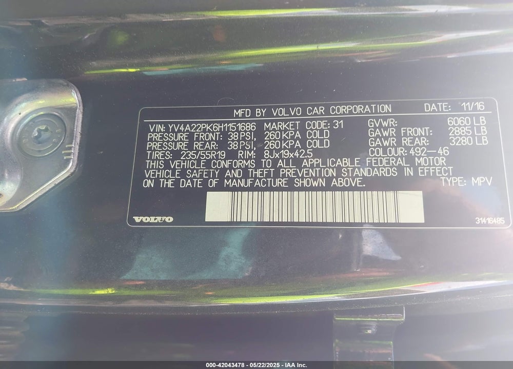 2017 VOLVO XC90 T6 MOMENTUM VIN: YV4A22PK6H1151686