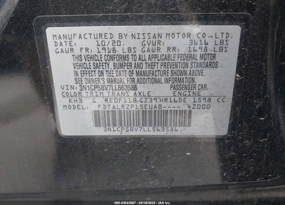 2020 NISSAN KICKS VIN: 3N1CP5BV7LL563586