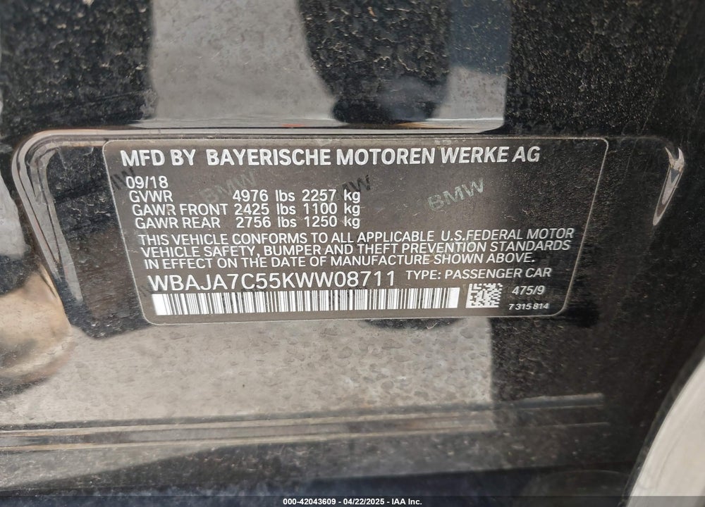 2019 BMW 530I VIN: WBAJA7C55KWW08711