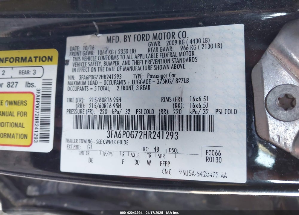 2017 FORD FUSION S VIN: 3FA6P0G72HR241293
