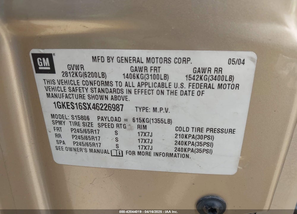 2004 GMC ENVOY XL SLE VIN: 1GKES16SX46226987