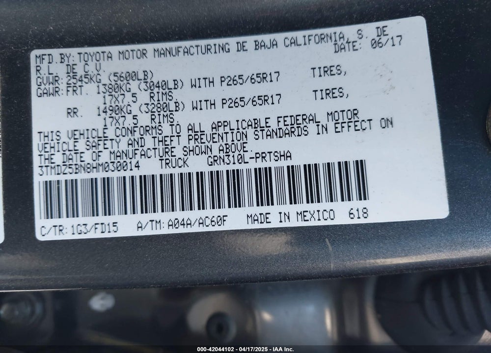 2017 TOYOTA TACOMA VIN: 3TMDZ5BN8HM030014