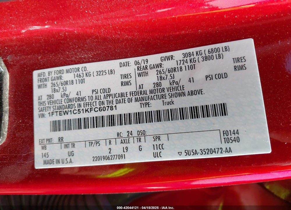 2019 FORD F-150 XLT VIN: 1FTEW1C51KFC60781