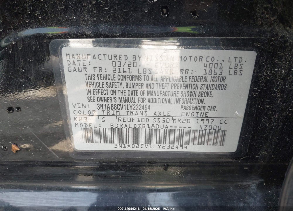 2020 NISSAN SENTRA VIN: 3N1AB8CV1LY232494