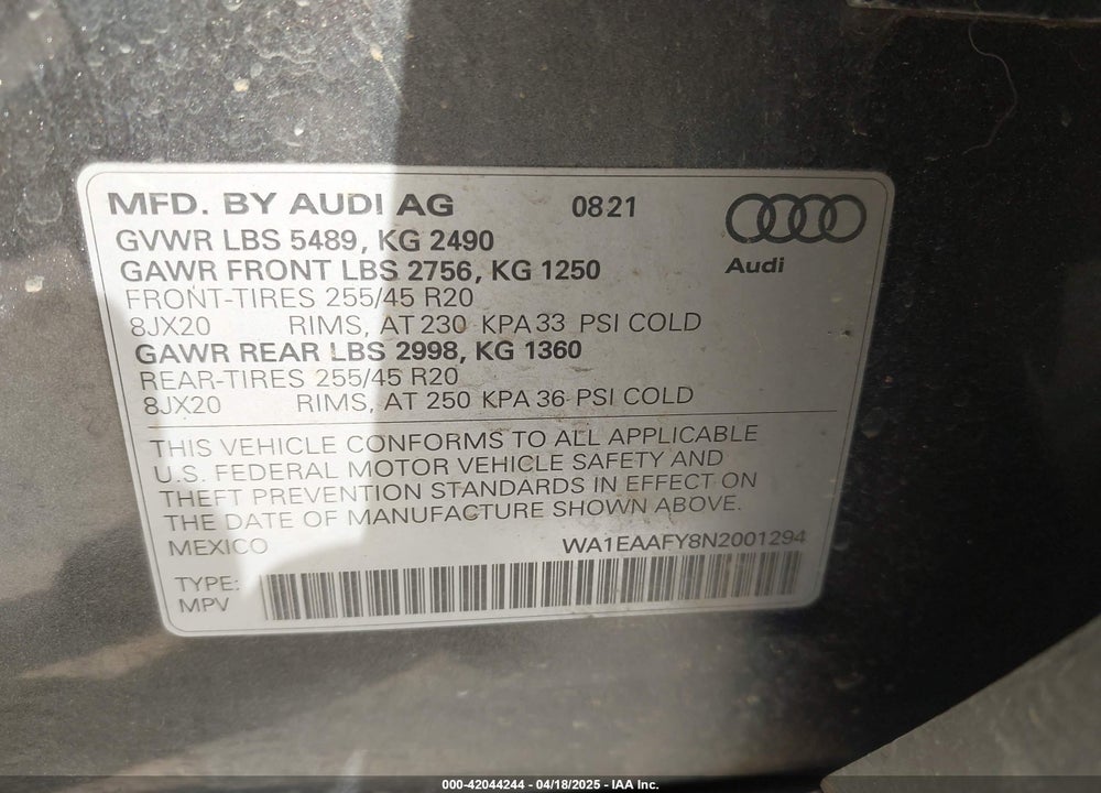 2022 AUDI Q5 VIN: WA1EAAFY8N2001294