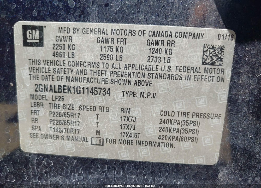 2016 CHEVROLET EQUINOX LS VIN: 2GNALBEK1G1145734