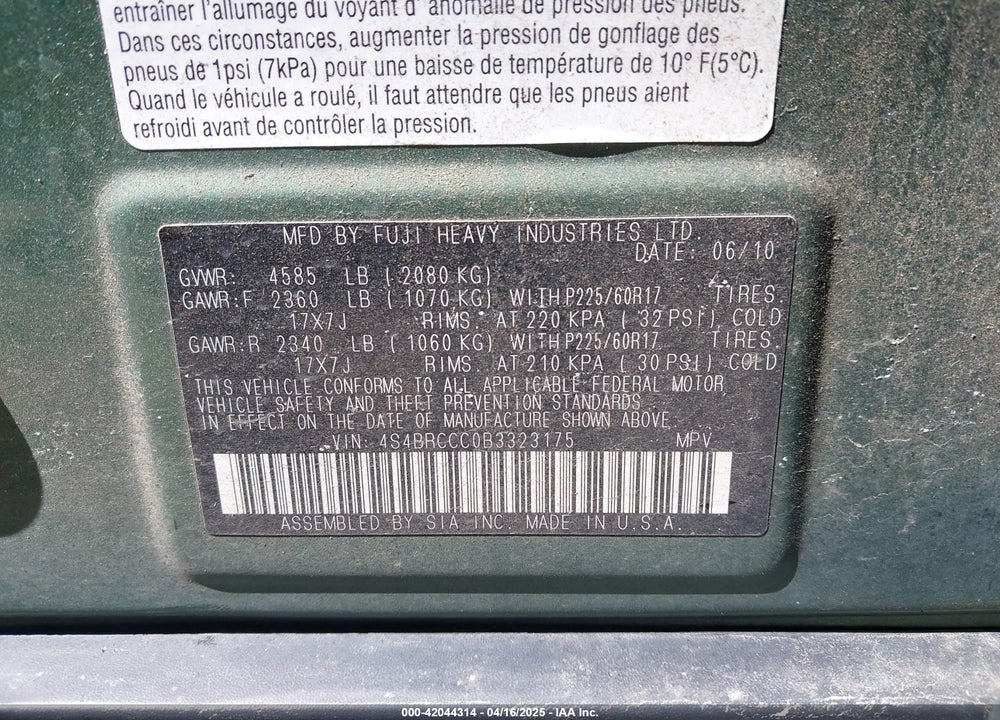 2011 SUBARU OUTBACK 2.5I PREMIUM VIN: 4S4BRCCC0B3323175