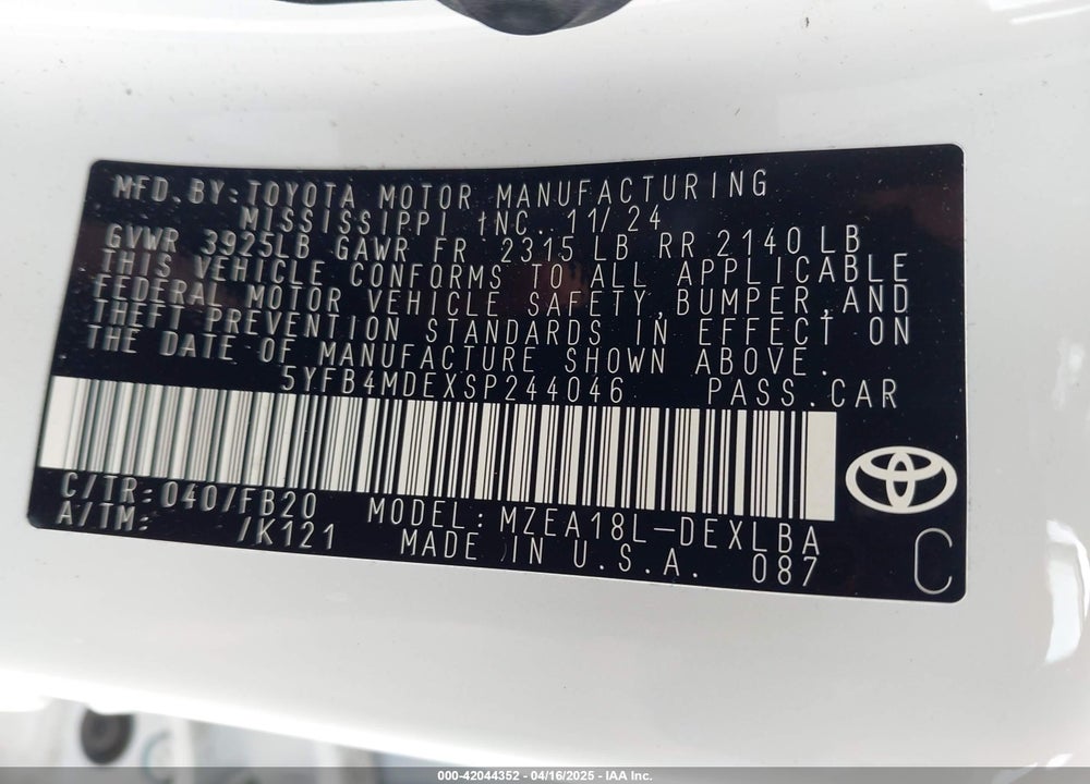 2025 TOYOTA COROLLA VIN: 5YFB4MDEXSP244046