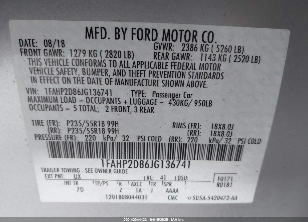 2018 FORD TAURUS VIN: 1FAHP2D86JG136741
