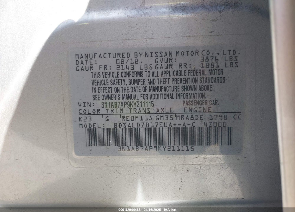 2019 NISSAN SENTRA SV VIN: 3N1AB7AP9KY211115