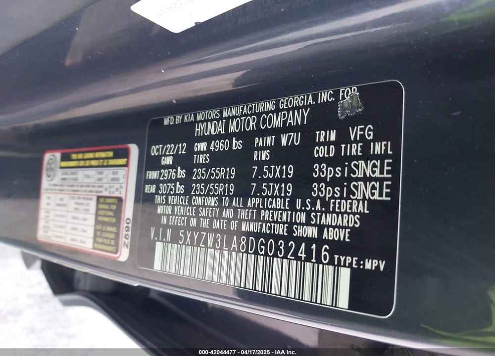 2013 HYUNDAI SANTA FE VIN: 5XYZW3LA8DG032416