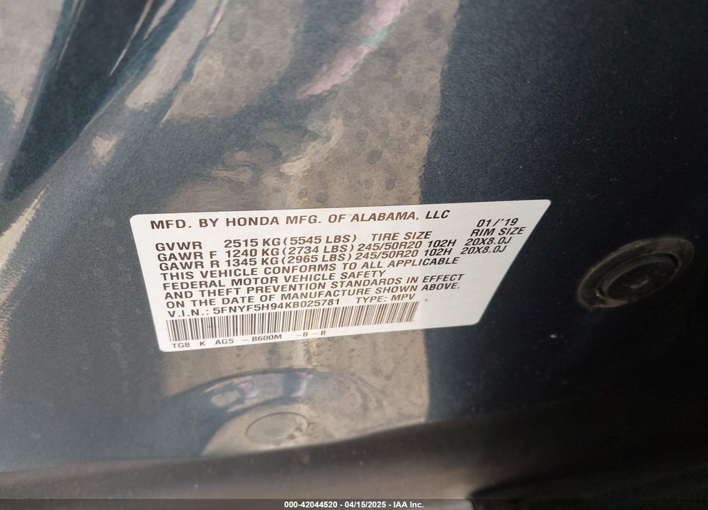 2019 HONDA PILOT VIN: 5FNYF5H94KB025781