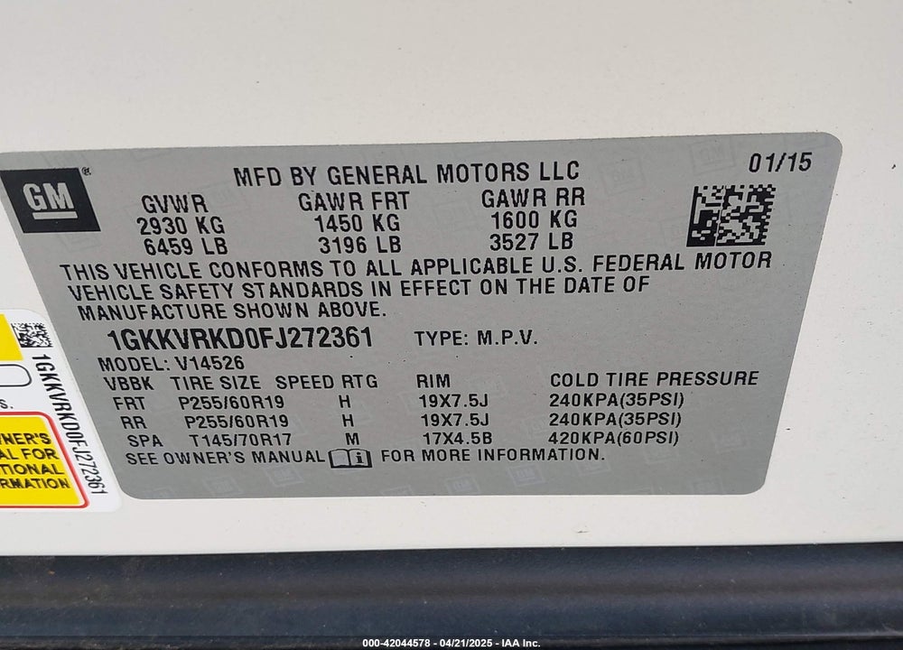 2015 GMC ACADIA SLT-1 VIN: 1GKKVRKD0FJ272361