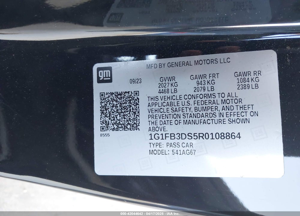 2024 CHEVROLET CAMARO VIN: 1G1FB3DS5R0108864