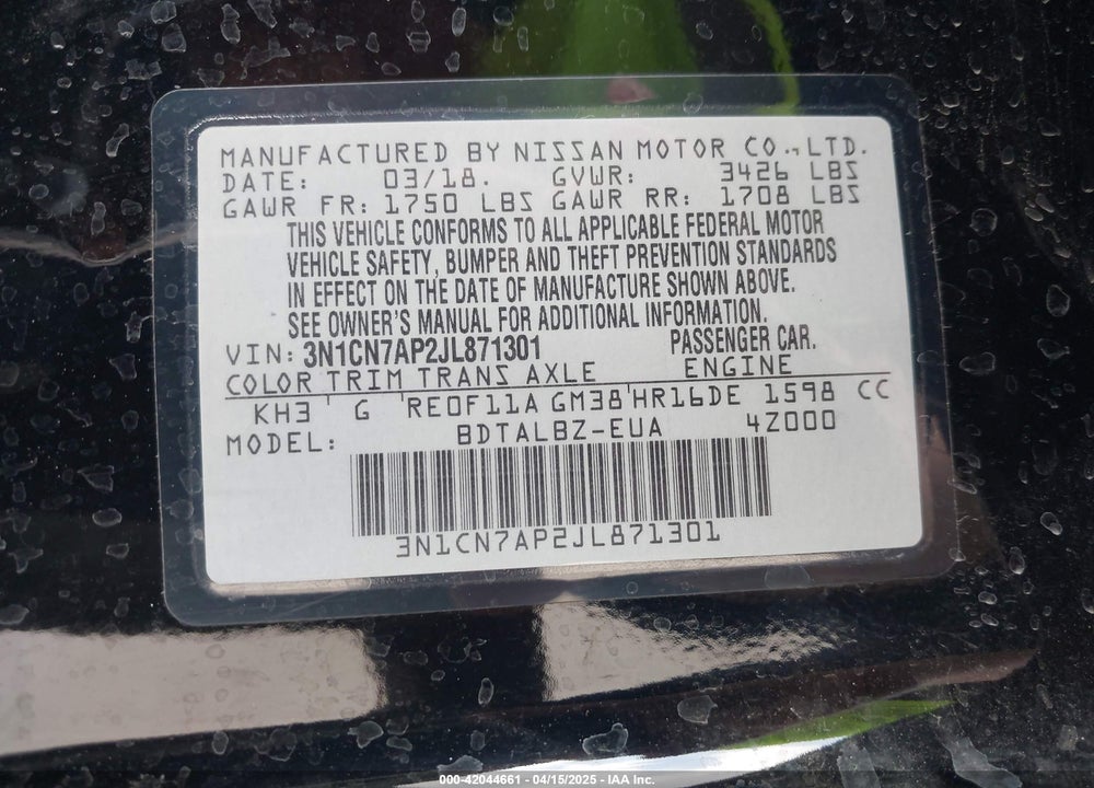 2018 NISSAN VERSA 1.6 SV VIN: 3N1CN7AP2JL871301
