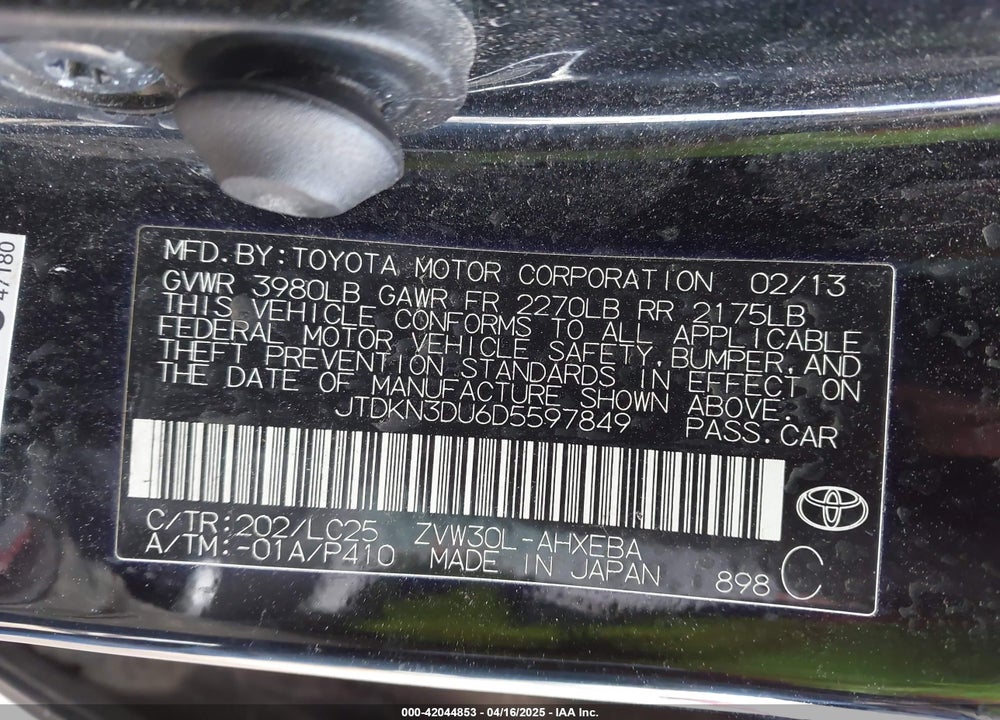 2013 TOYOTA PRIUS THREE SE VIN: JTDKN3DU6D5597849