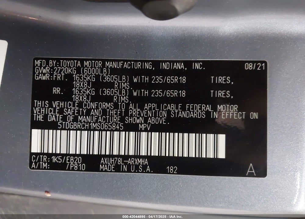 2021 TOYOTA HIGHLANDER VIN: 5TDGBRCH1MS065845