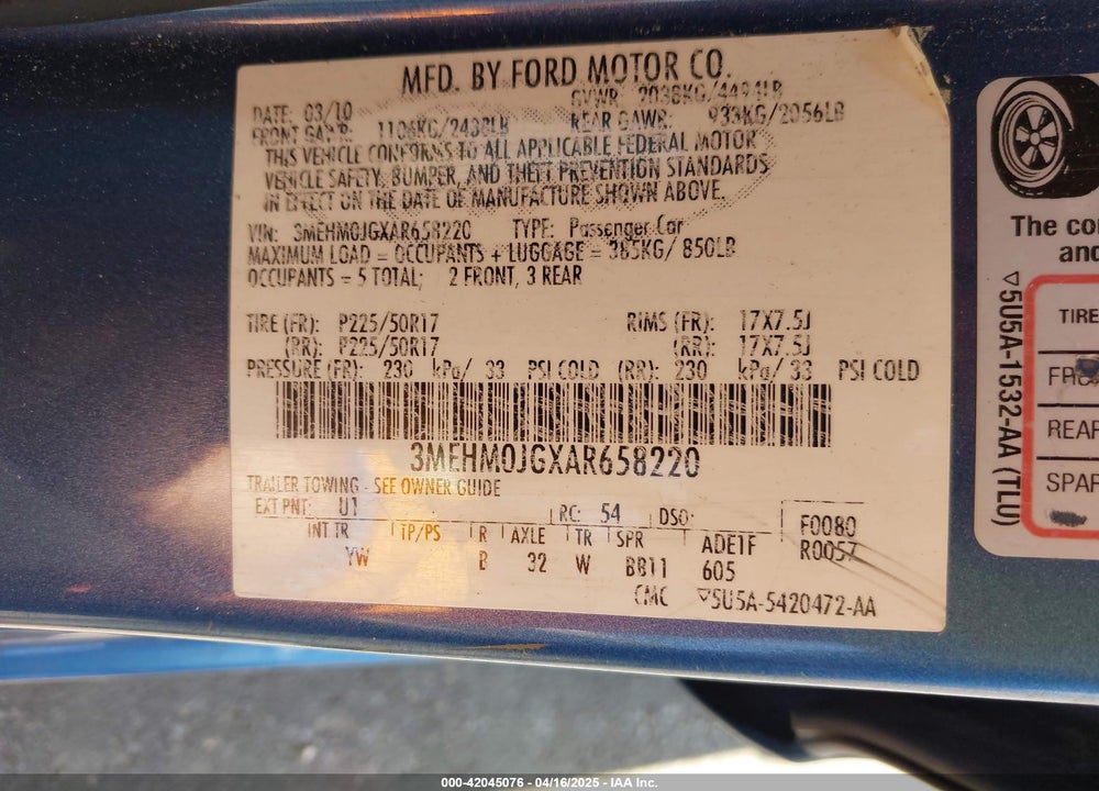 2010 MERCURY MILAN PREMIER VIN: 3MEHM0JGXAR658220