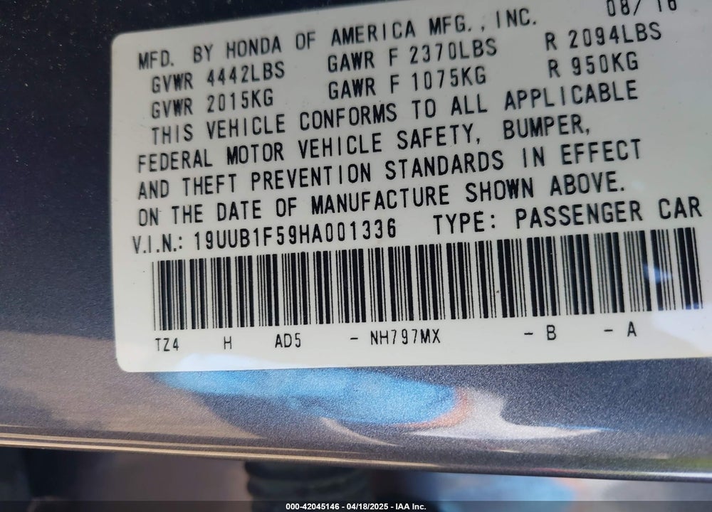 2017 ACURA TLX VIN: 19UUB1F59HA001336