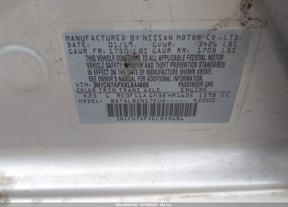 2019 NISSAN VERSA VIN: 3N1CN7APXKL844686