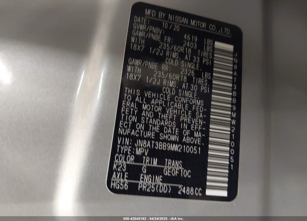 2021 NISSAN ROGUE VIN: JN8AT3BB9MW210051