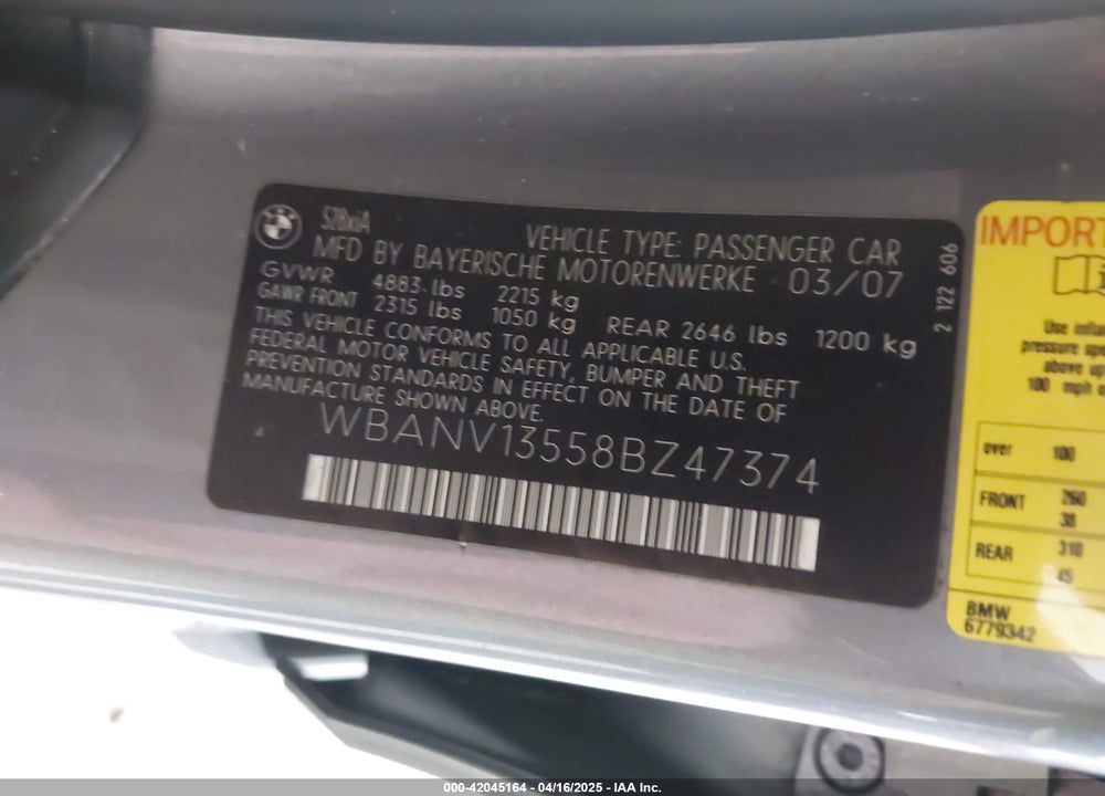 2008 BMW 5 SERIES VIN: WBANV13558BZ47374