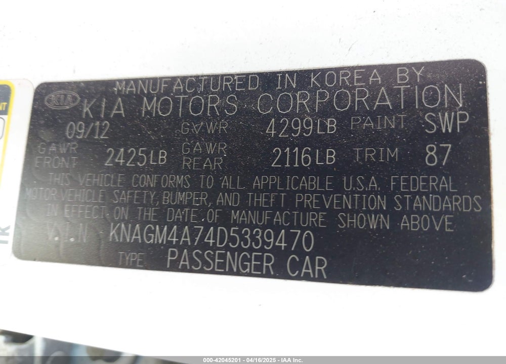 2013 KIA OPTIMA VIN: KNAGM4A74D5339470