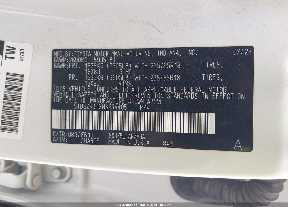 2022 TOYOTA HIGHLANDER VIN: 5TDGZRBHXNS234405