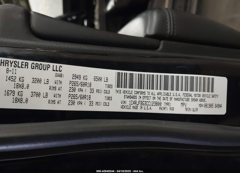 2012 JEEP GRAND CHEROKEE LIMITED VIN: 1C4RJFBG3CC123800