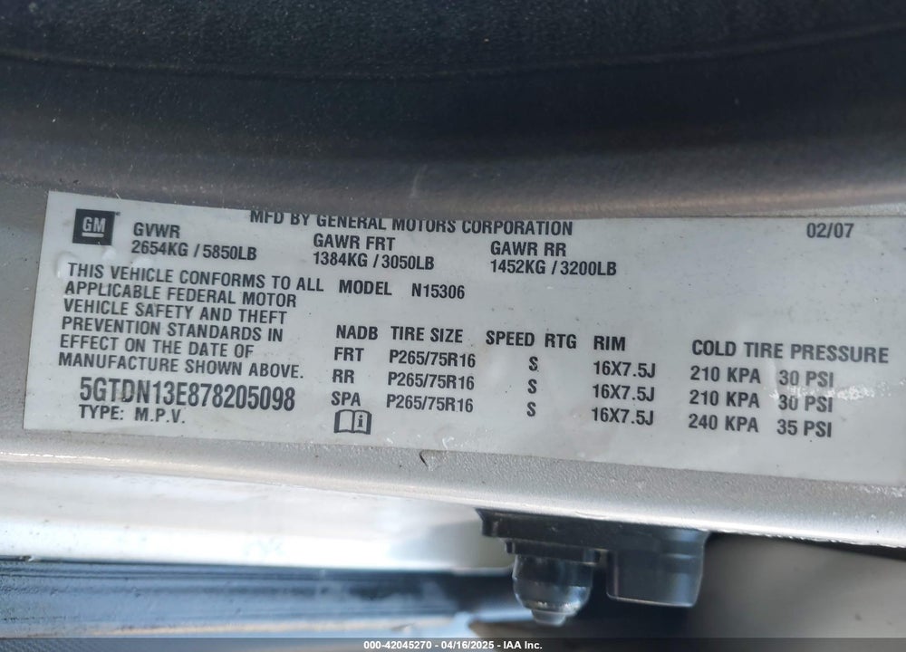 2007 HUMMER H3 SUV VIN: 5GTDN13E878205098