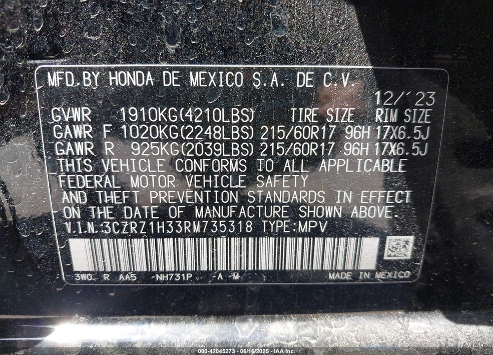 2024 HONDA HR-V 2WD LX VIN: 3CZRZ1H33RM735318