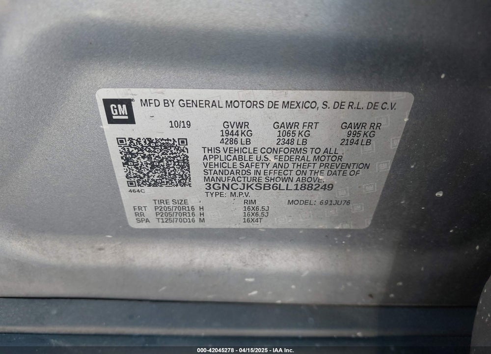 2020 CHEVROLET TRAX VIN: 3GNCJKSB6LL188249