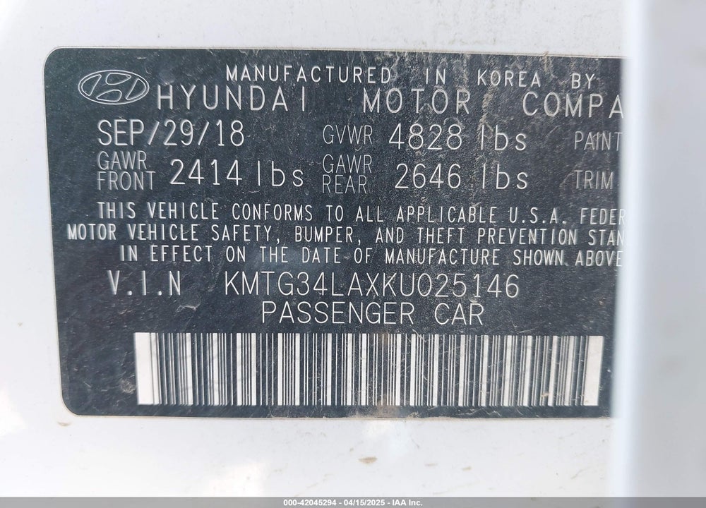 2019 GENESIS G70 VIN: KMTG34LAXKU025146