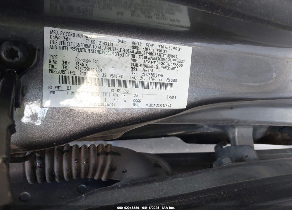 2012 FORD FOCUS SE VIN: 1FAHP3F20CL456565