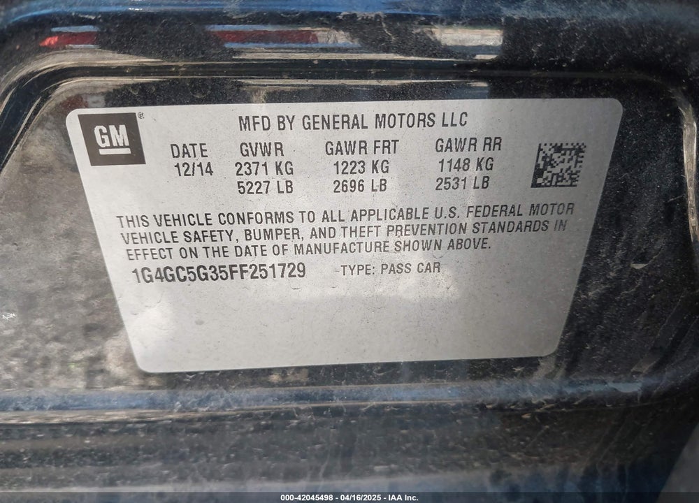 2015 BUICK LACROSSE LEATHER VIN: 1G4GC5G35FF251729